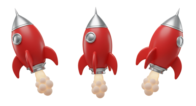 Three red cartoon rockets launching against transparent background