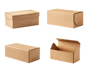 Four perspectives of a light brown cardboard shoebox.  Each box shows different angles, one open, and three closed.  The box is rectangular with visible folds and creases
