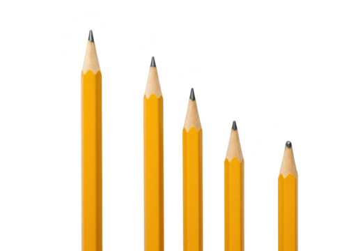 Five yellow pencils of decreasing size isolated on transparent background