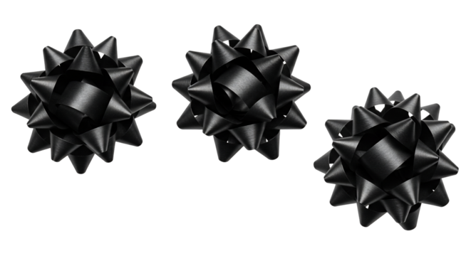Three black starburst bows gift decoration shiny texture transparent background
