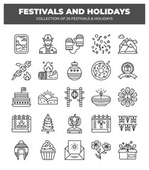 Collection of 25 Festivals and Holidays. Line Art Icons