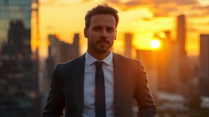 Stylish businessman looking at sunset skyline with modern city in background, wearing suit and tie, exuding confidence and ambition - Powered by Adobe
