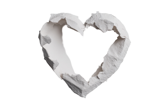 A heart-shaped, textured, white form with a hollow center.  The edges are irregular and fragmented, giving a distressed or broken appearance