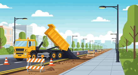 Construction Vehicle Excavating and Repairing Urban Road Surface with Traffic Control Barriers