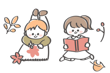 秋にお絵かきや読書を楽しむ子どもたち
