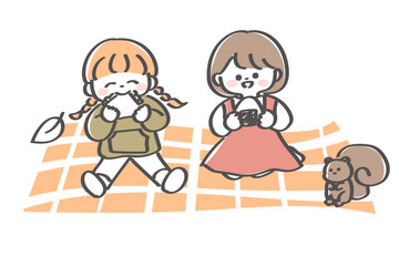 ピクニックをしている女の子たちのかわいいイラスト