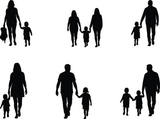 Family walking silhouette, parent and child vector, holding hands, black figures, guardian relationship, emotional bond, togetherness, parenting concept, isolated illustration