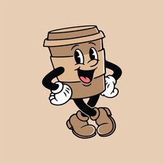 Retro Coffee Cup Mascot Illustration, Cute Cartoon Cafe Character Design