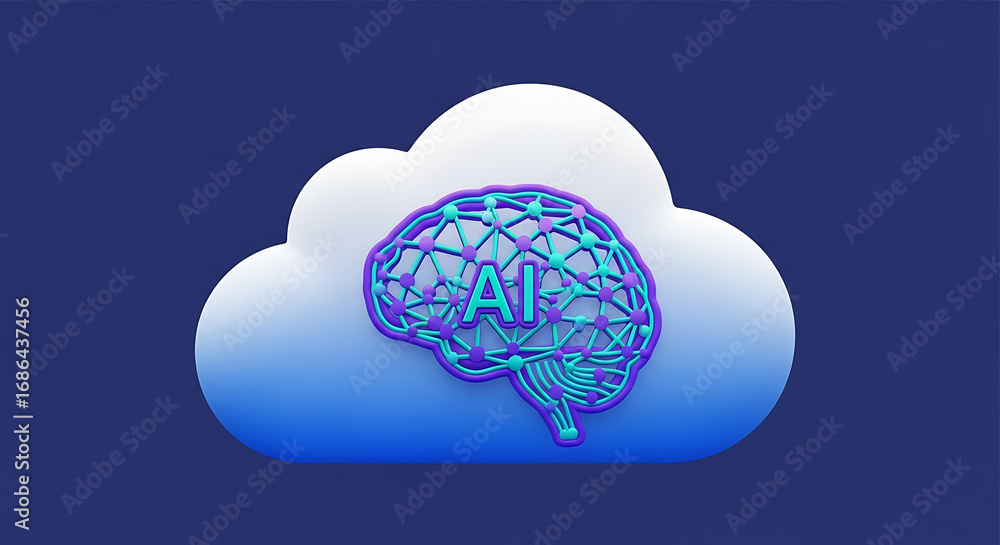 Poster a cloud with a brain shaped ai symbol with connected nodes on a dark blue gradient background