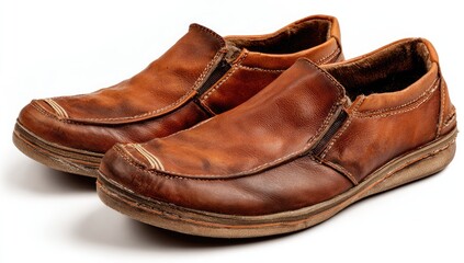Worn brown leather slip-on shoes.  Paired, used, casual, leather footwear