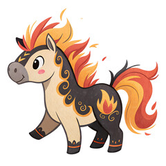 Cute animated horse with orange mane jumping joyfully in a colorful illustration