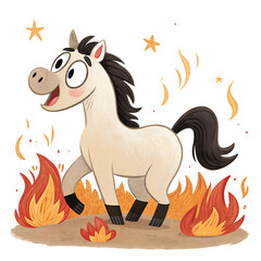 Cute animated horse with orange mane jumping joyfully in a colorful illustration