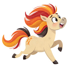 Cute animated horse with orange mane jumping joyfully in a colorful illustration