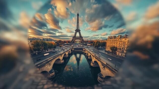 Stunning view of Eiffel Tower at sunset with Seine River reflecting vibrant clouds over Paris
