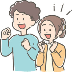 ガッツポーズの若いカップルのイラスト

