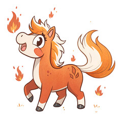 Cute animated horse with orange mane jumping joyfully in a colorful illustration