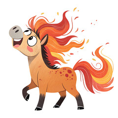 Cute animated horse with orange mane jumping joyfully in a colorful illustration
