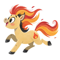 Cute animated horse with orange mane jumping joyfully in a colorful illustration