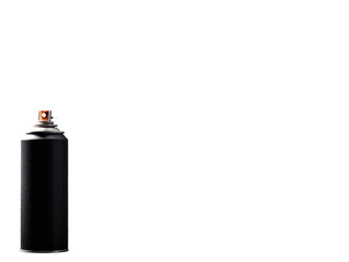 A matte black spray paint can, simple and minimalist, stands against a pure black background.  Its metallic top is slightly visible