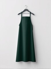 Dark green apron, simple design, hanging on black hanger against white background