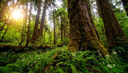 Obraz premium Lush forest floor bathed in sunlight