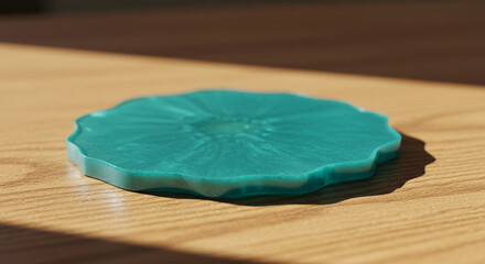 Fototapeta premium A close-up shot of a single, teal-colored, wavy-edged resin coaster casting a shadow on a wooden surface.