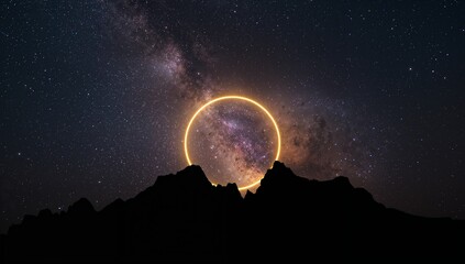 Mystical glowing portal above silhouetted mountains under a starry night sky