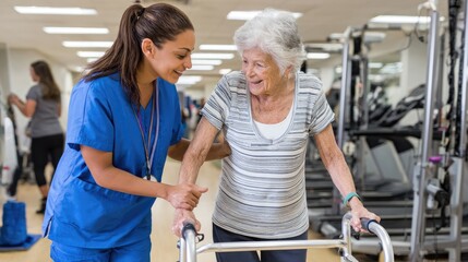 An engaging scene showing a young healthcare provider assisting an elderly woman with a walker in a rehabilitation facility, promoting health, movement, and companionship.