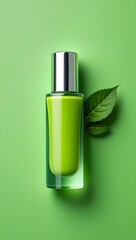 Green serum bottle with leaf on a matching green background for skincare products