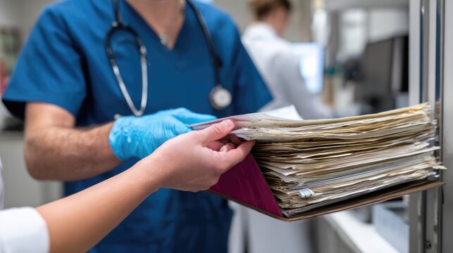 Medical professionals collaborate in a clinical setting, exchanging important health documents. The environment emphasizes teamwork and communication in healthcare for patients.