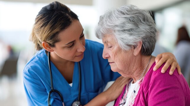 A compassionate nurse comforts an elderly patient in a healthcare setting, exemplifying caring and empathy in the medical profession.