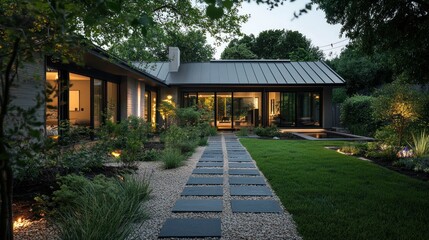 Modern house exterior evening