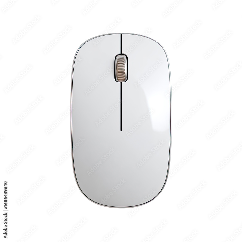 Fototapete top-down view of a white wireless computer mouse with a single vertical scroll wheel