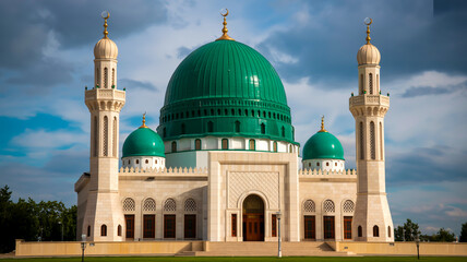 Obraz premium A photograph of a modern mosque with a large emerald green dome and two tall minarets. The central dome is flanked by two smaller domes of the same color, creating a symmetrical desig