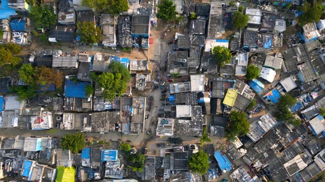 Aerial top down view of slums in Hyderabad city, India.