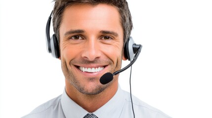 A cheerful male customer service representative wearing a headset, smiling while assisting clients. His professional appearance ensures confidence and warmth in communication.