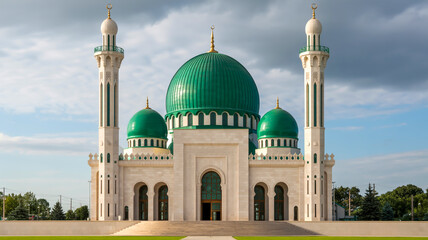 Obraz premium A photograph of a modern mosque with a large emerald green dome and two tall minarets. The central dome is flanked by two smaller domes of the same color, creating a symmetrical desig