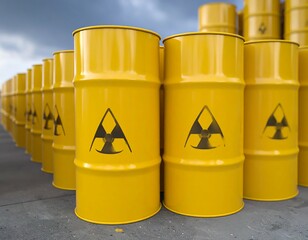 Rows of yellow radioactive waste barrels