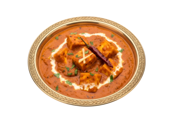 Aromatic paneer tikka masala dish served in a gold-rimmed plate, showcasing rich orange-red sauce, creamy textures, and garnishes.
