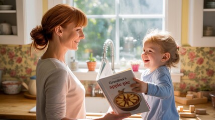Obraz premium Happy Beautiful Woman sees his daughter while reading culinary recipes in the kitchen