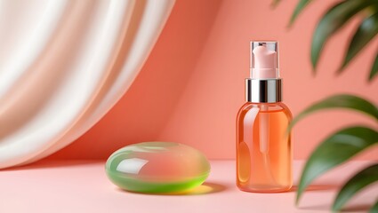 Naklejka premium Cosmetic product display with soft peach background and tropical leaf accents near soap