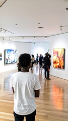 Fototapeta premium Art gallery interior with visitors viewing abstract paintings
