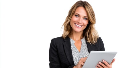 Fototapeta premium A confident businesswoman smiles while holding a tablet. Her professional attire suggests a forward-thinking approach and readiness for the challenges of modern work environments.