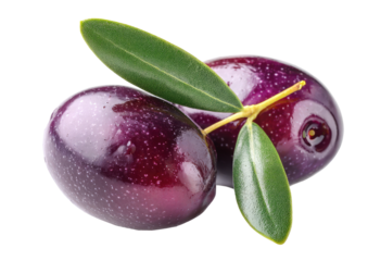 Two deep purple olives with leaves