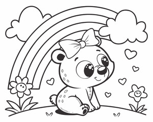 Adorable Bear with Rainbow and Hearts, Perfect for a Children's Coloring Book Activity, Promoting Creative Engagement and Fun