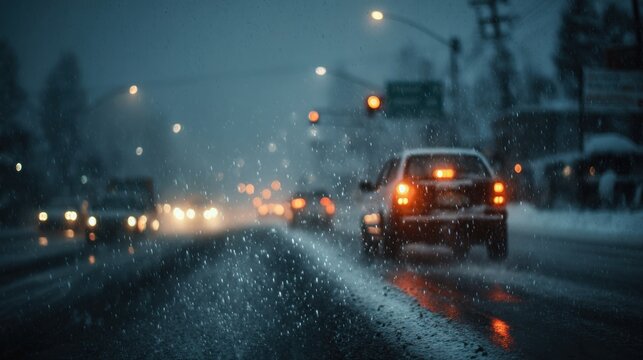 Gloomy drive: cars navigating snowy urban streets during a winterstorm