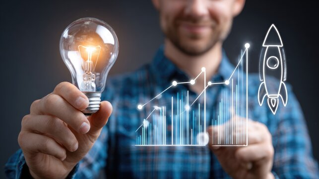 A business professional holds a glowing light bulb while illustrating growth with digital graphs and a rocket icon, symbolizing innovative ideas and entrepreneurial success.