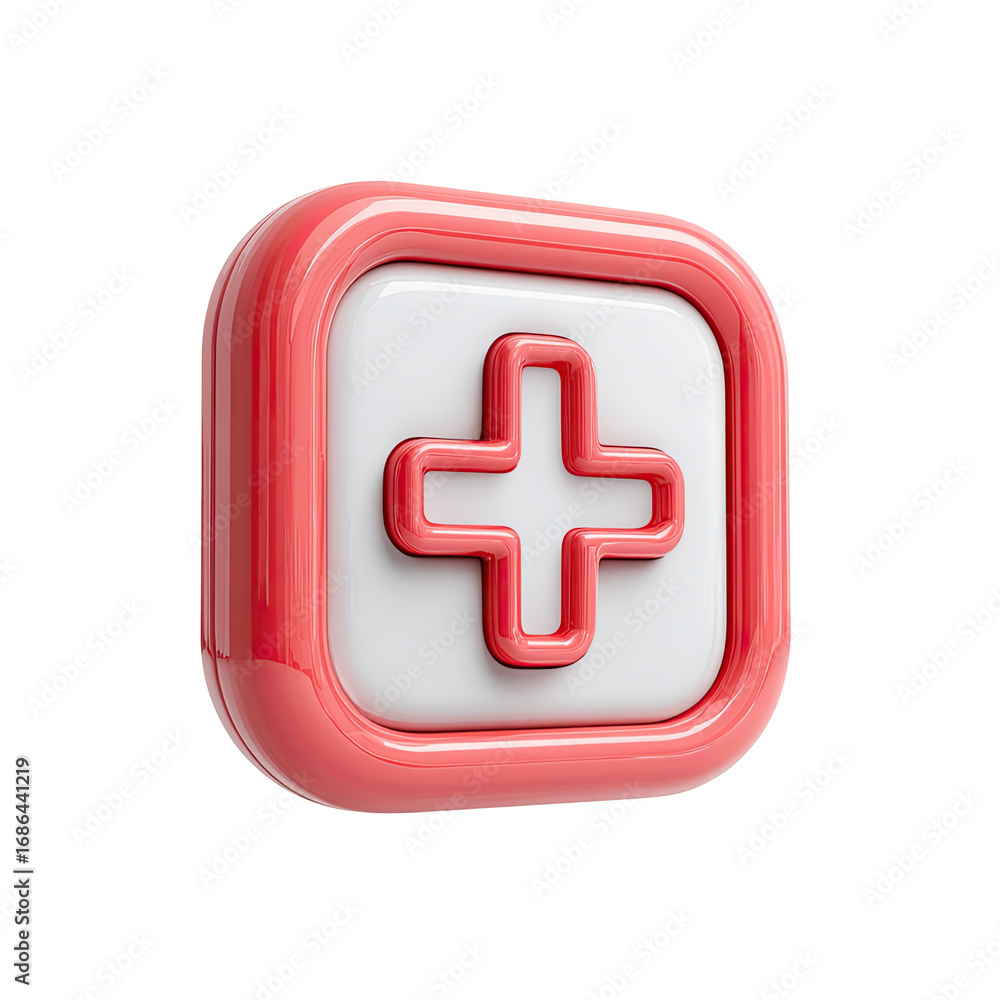 Fototapete 3d rendered square button with a plus sign. a glossy, coral-pink square button. white inner square h
