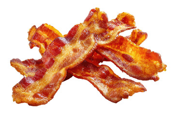 Crispy bacon strips, piled high, golden brown and red