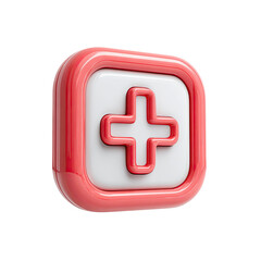 Obraz premium 3D rendered square button with a plus sign. A glossy, coral-pink square button. White inner square holds a bold white plus sign. Red outlined edges. Modern and simple design